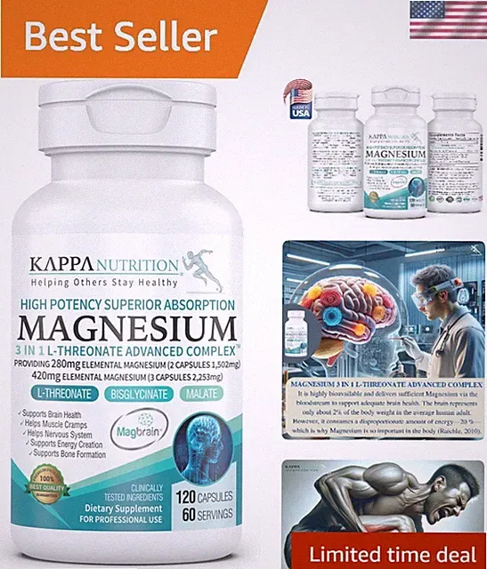 120 Capsules of Magnesium 3-in-1 L-Threonate for Energy & Memory Support